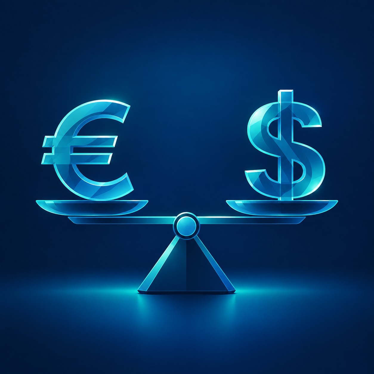 Glass euro symbol and a glass dollar symbol balanced on a sleek scale