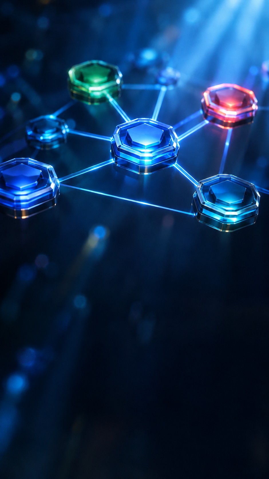 Interlocking glowing geometric tokens forming a decentralized network