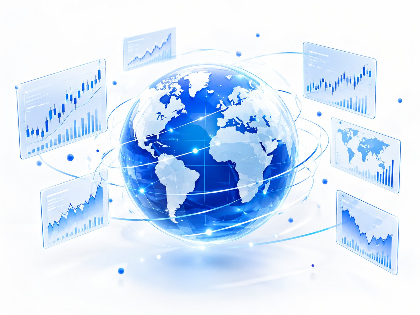 Globe surrounded by floating stock charts from different regions